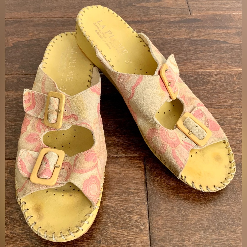 La Plume Italian Leather & Suede Floral Slide On Sandal Women’s Size 9